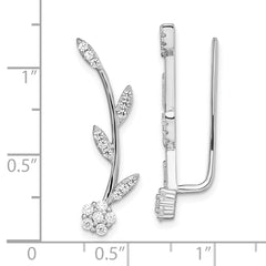 Sterling Silver CZ Flower with Stem Ear Climber Earrings