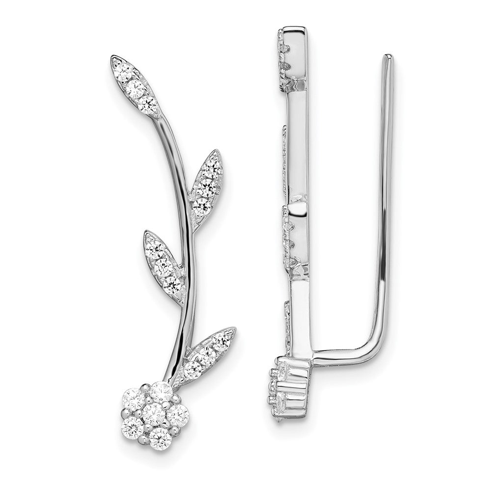 Sterling Silver CZ Flower with Stem Ear Climber Earrings