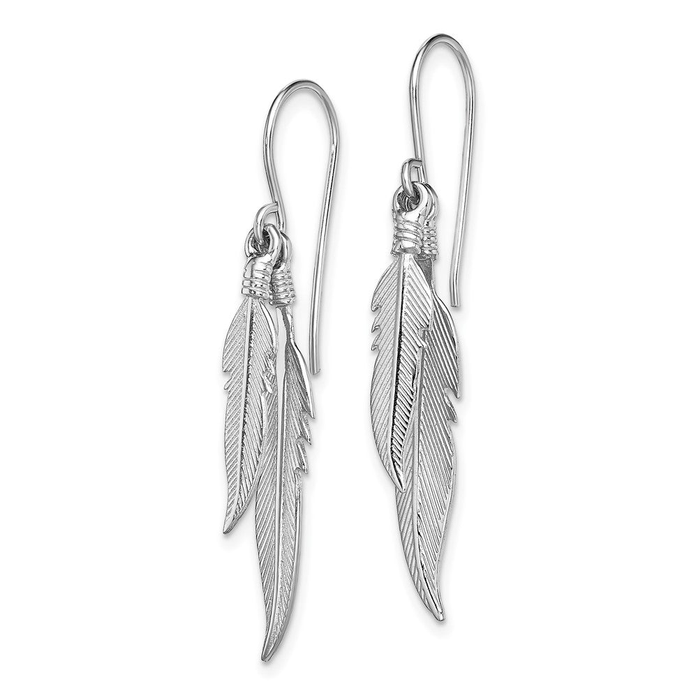 Rhodium-plated Sterling Silver Polished Feathers Dangle Earrings