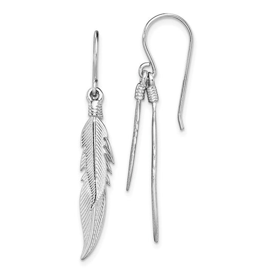 Rhodium-plated Sterling Silver Polished Feathers Dangle Earrings