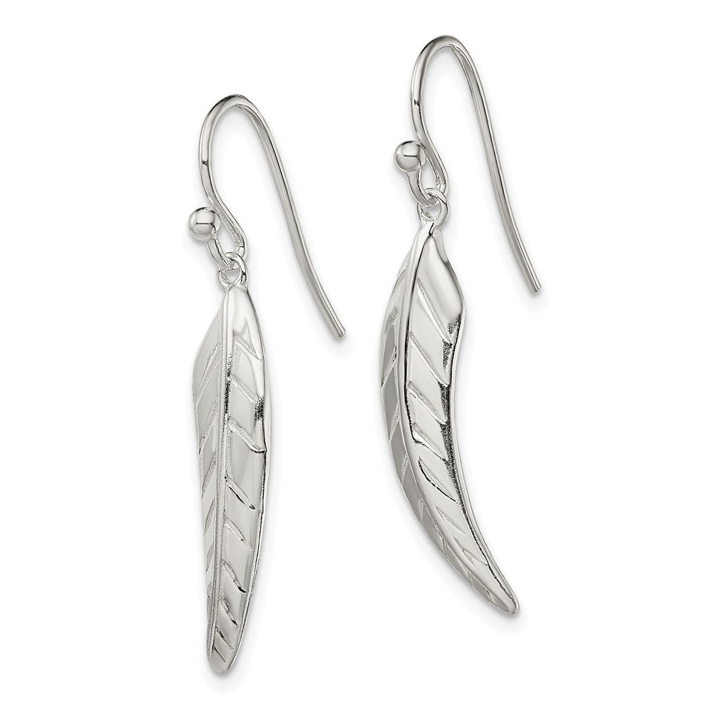 Sterling Silver Polished Leaf Dangle Shepherd Hook Earrings