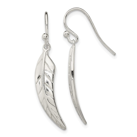 Sterling Silver Polished Leaf Dangle Shepherd Hook Earrings