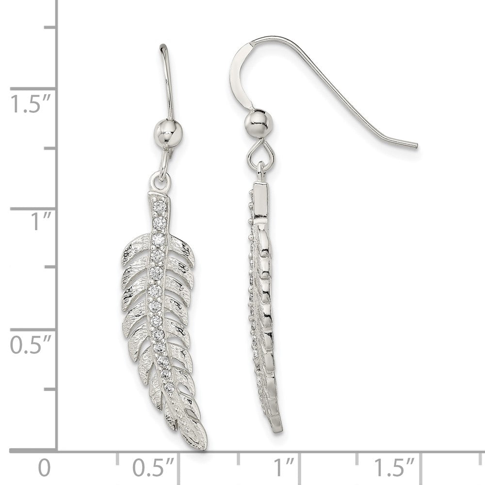 Sterling Silver Textured CZ Feather Shepherd Hook Earrings
