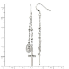 Sterling Silver Polished Miraculous Medal Cross Hook Earrings