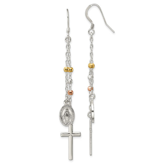 Sterling Silver, Yellow & Rose-tone Miraculous Medal Cross Earrings