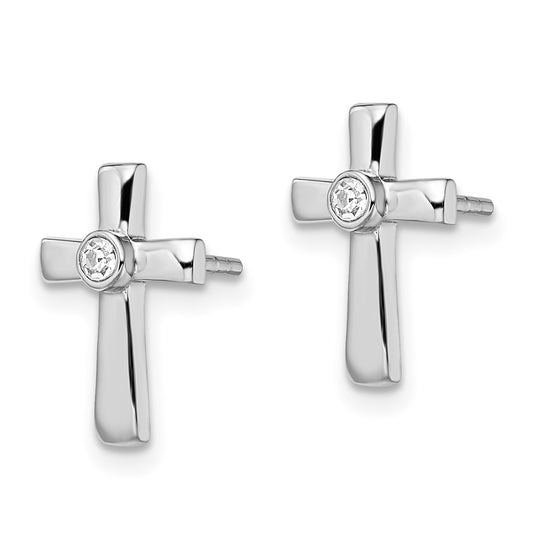 Rhodium-plated Sterling Silver Polished with CZ Cross Post Earrings