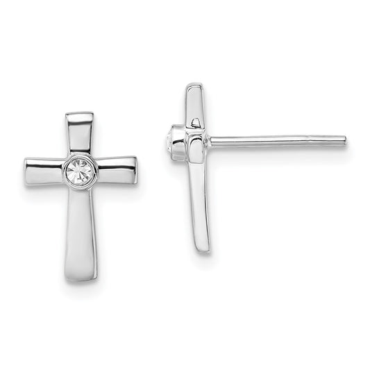 Rhodium-plated Sterling Silver Polished with CZ Cross Post Earrings