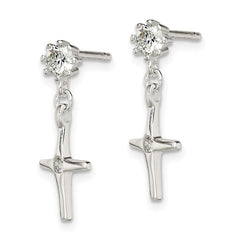 Sterling Silver CZ Cross Dangle Post Earrings