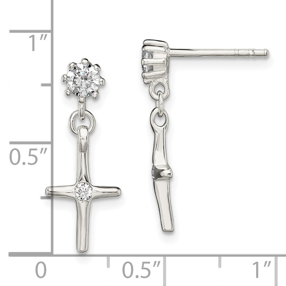 Sterling Silver CZ Cross Dangle Post Earrings