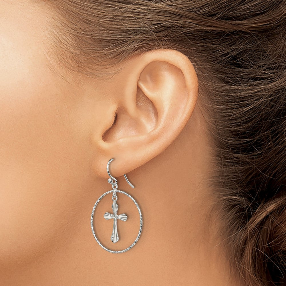 Sterling Silver Polished Diamond-cut Cross Dangle in Ring Earrings