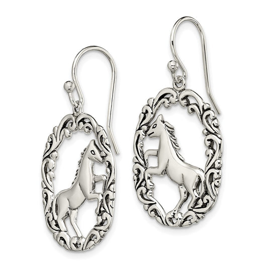 Sterling Silver Antiqued Horse Dangle Shepherds Hook Earrings