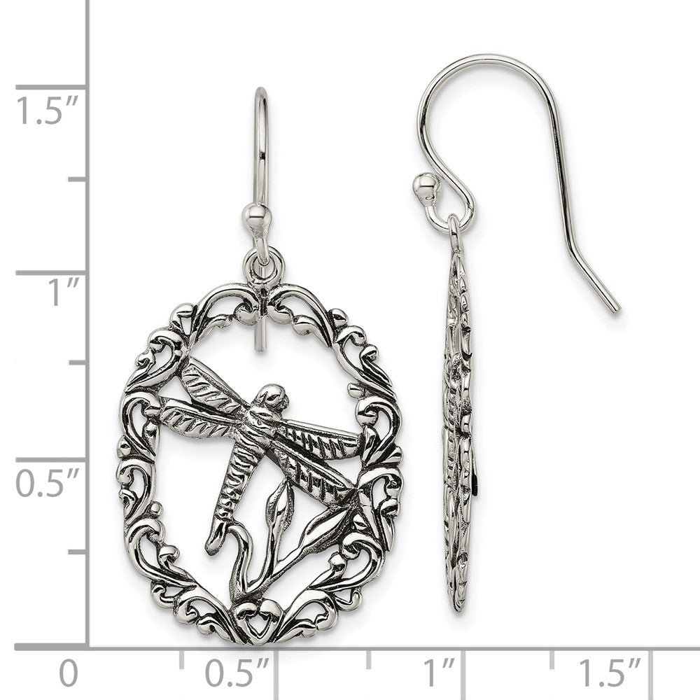 Sterling Silver Antiqued Dragonfly Dangle Shepherds Hook Earrings