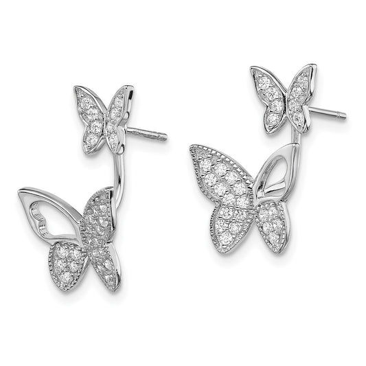 Rhodium-plated Sterling Silver CZ Butterfly Front and Back Earrings