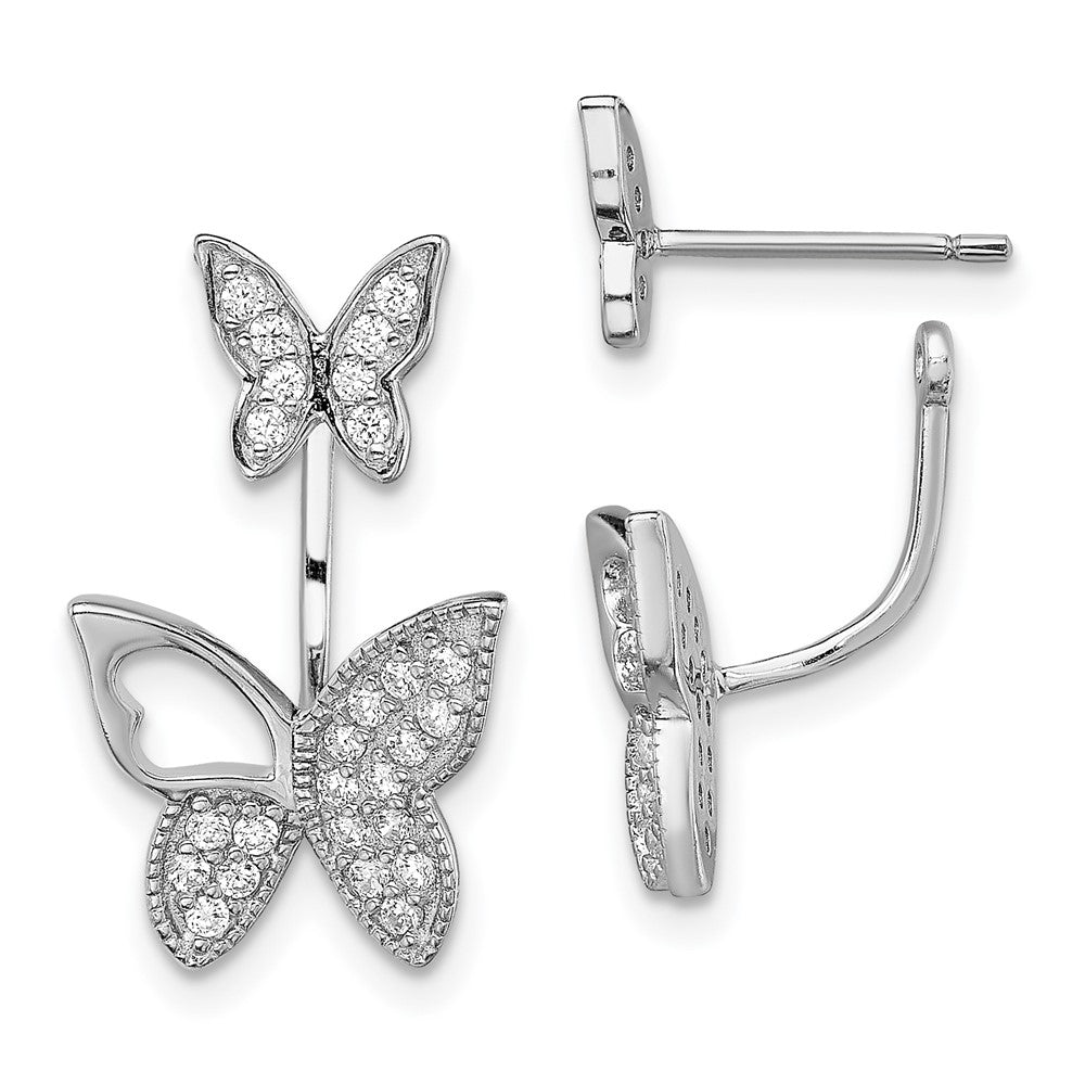 Rhodium-plated Sterling Silver CZ Butterfly Front and Back Earrings