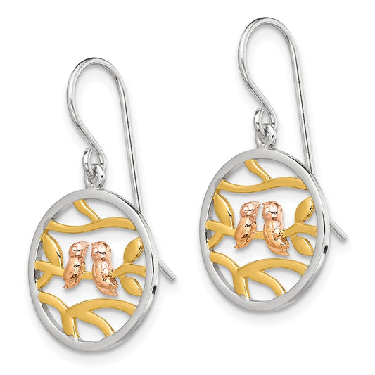 Sterling Silver, Yellow & Rose Gold-plated Birds on Branches Earrings