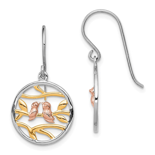 Sterling Silver, Yellow & Rose Gold-plated Birds on Branches Earrings