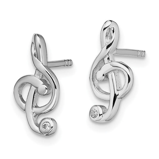 Rhodium-plated Sterling Silver CZ Treble Clef Post Earrings