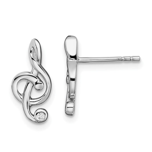 Rhodium-plated Sterling Silver CZ Treble Clef Post Earrings