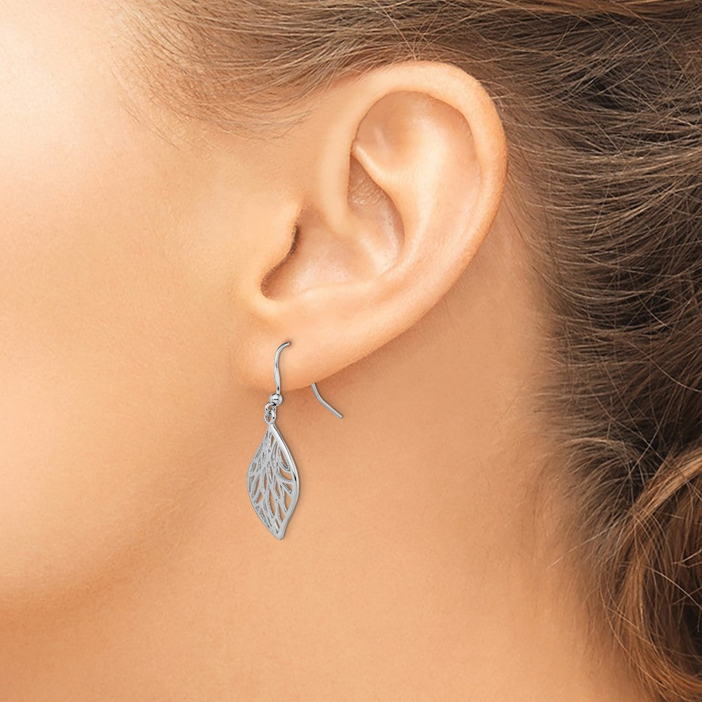 Rhodium-plated Sterling Silver Leaf Polished Dangle Earrings