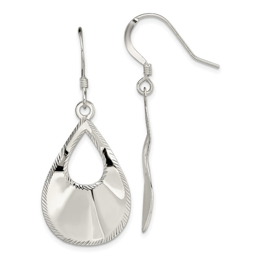 Sterling Silver Polished Laser Cut Teardrop Dangle Hook Earrings