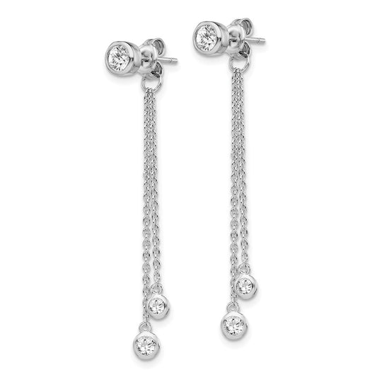 Rhodium-plated Silver CZ Front and Back Dangle Chain Post Earrings