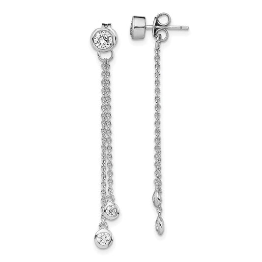 Rhodium-plated Silver CZ Front and Back Dangle Chain Post Earrings