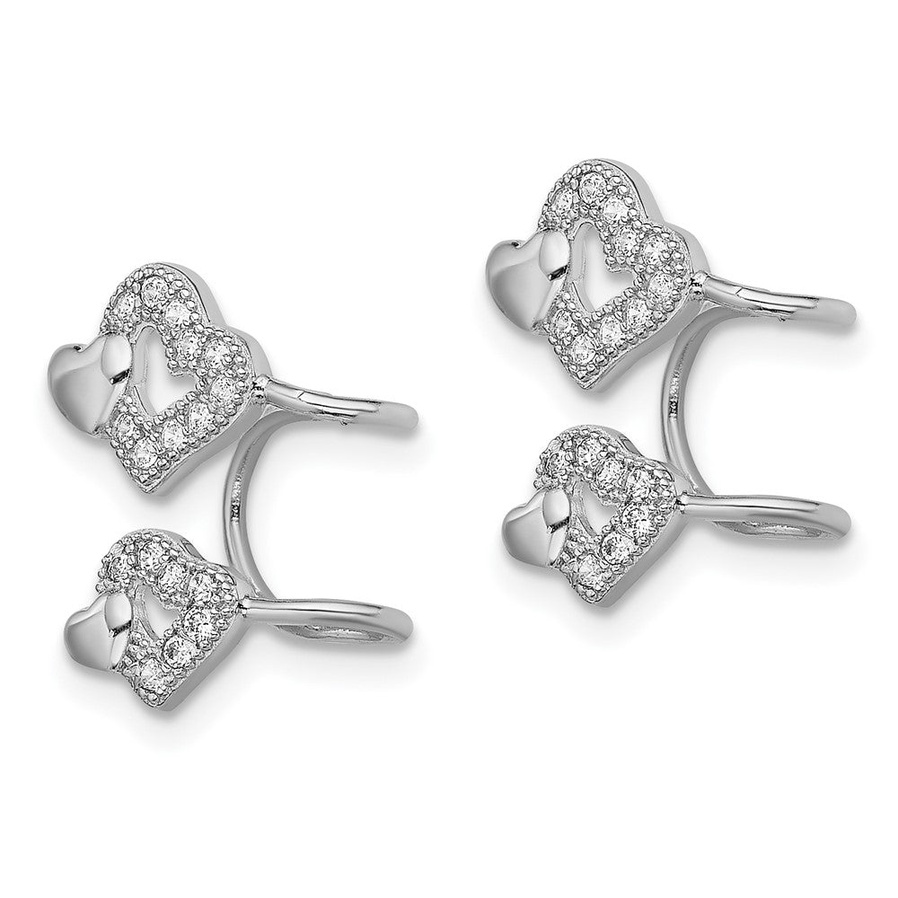 Rhodium-plated Sterling Silver CZ Double Heart Left Cuff Earrings