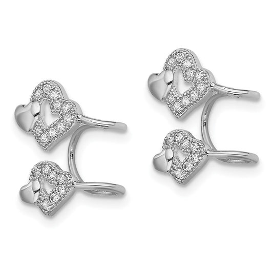 Rhodium-plated Sterling Silver CZ Double Heart Left Cuff Earrings