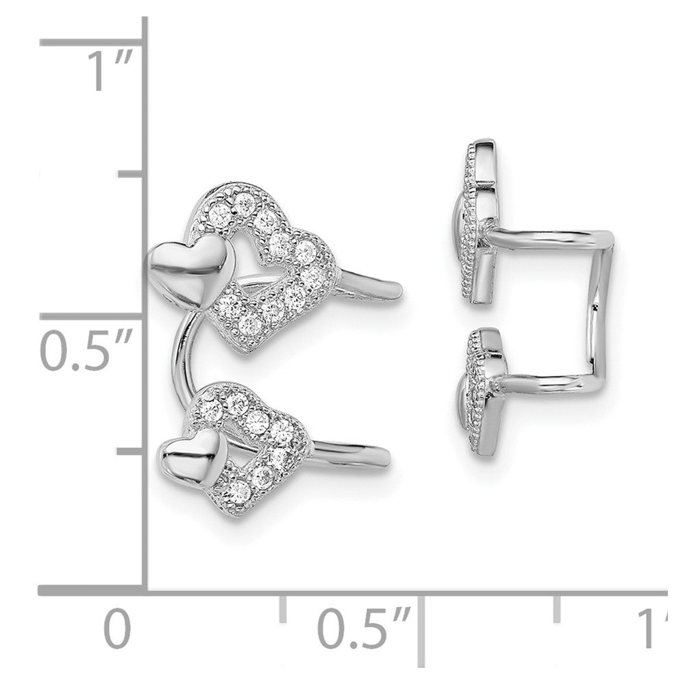 Rhodium-plated Sterling Silver CZ Double Heart Left Cuff Earrings