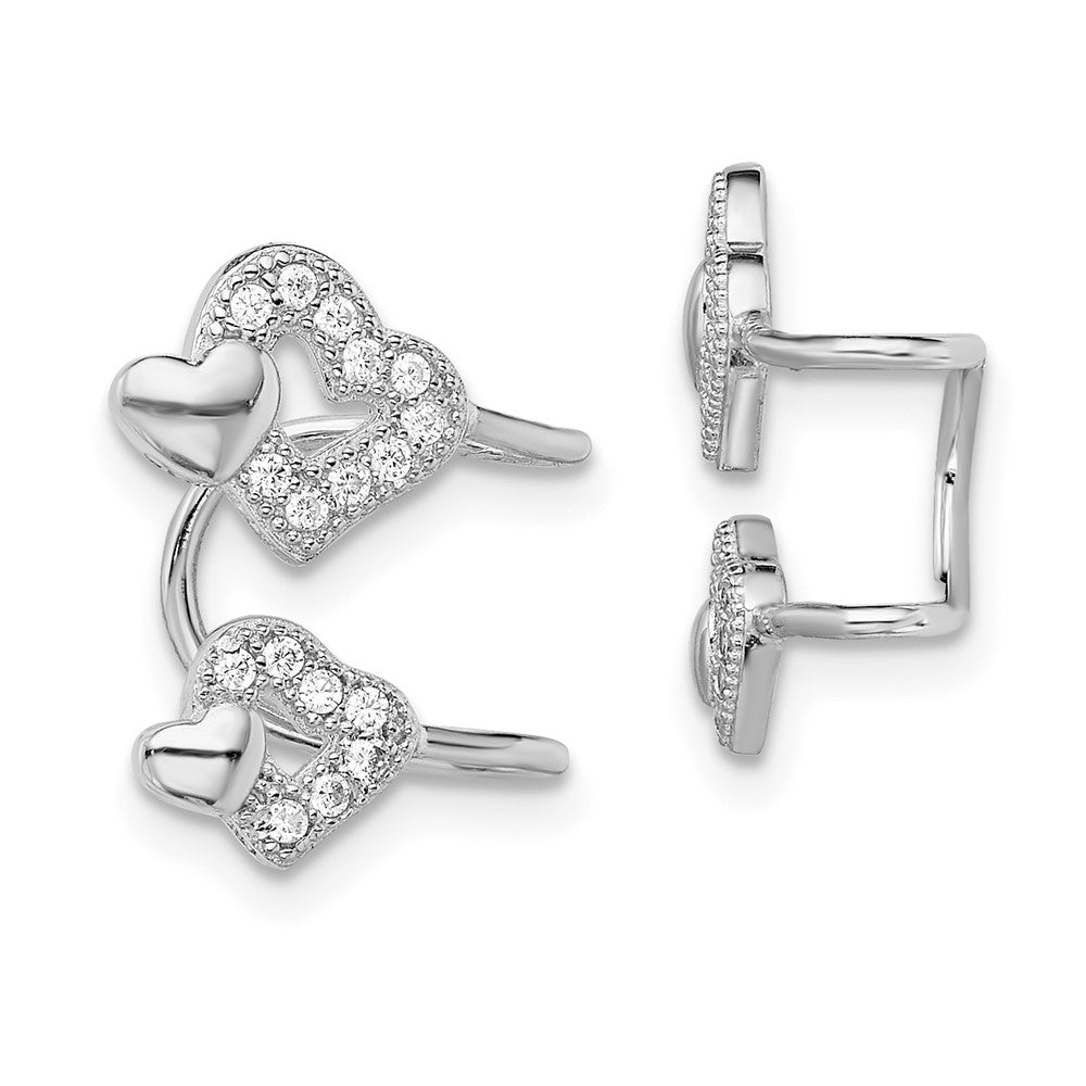 Rhodium-plated Sterling Silver CZ Double Heart Left Cuff Earrings