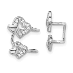 Rhodium-plated Sterling Silver CZ Double Heart Left Cuff Earrings