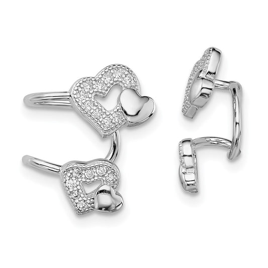 Rhodium-plated Sterling Silver CZ Double Heart Right Cuff Earrings