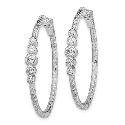 Rhodium-plated Sterling Silver CZ Textured Hoop Earrings