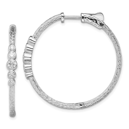 Rhodium-plated Sterling Silver CZ Textured Hoop Earrings