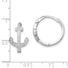 Rhodium-plated Sterling Silver CZ Anchor Hinged Earrings