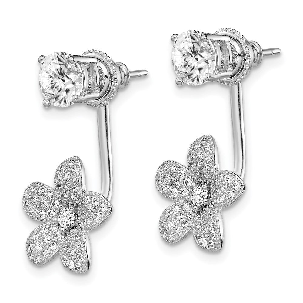 Rhodium-plated Sterling Silver CZ Studs with CZ Flower Jacket Earrings