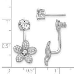 Rhodium-plated Sterling Silver CZ Studs with CZ Flower Jacket Earrings