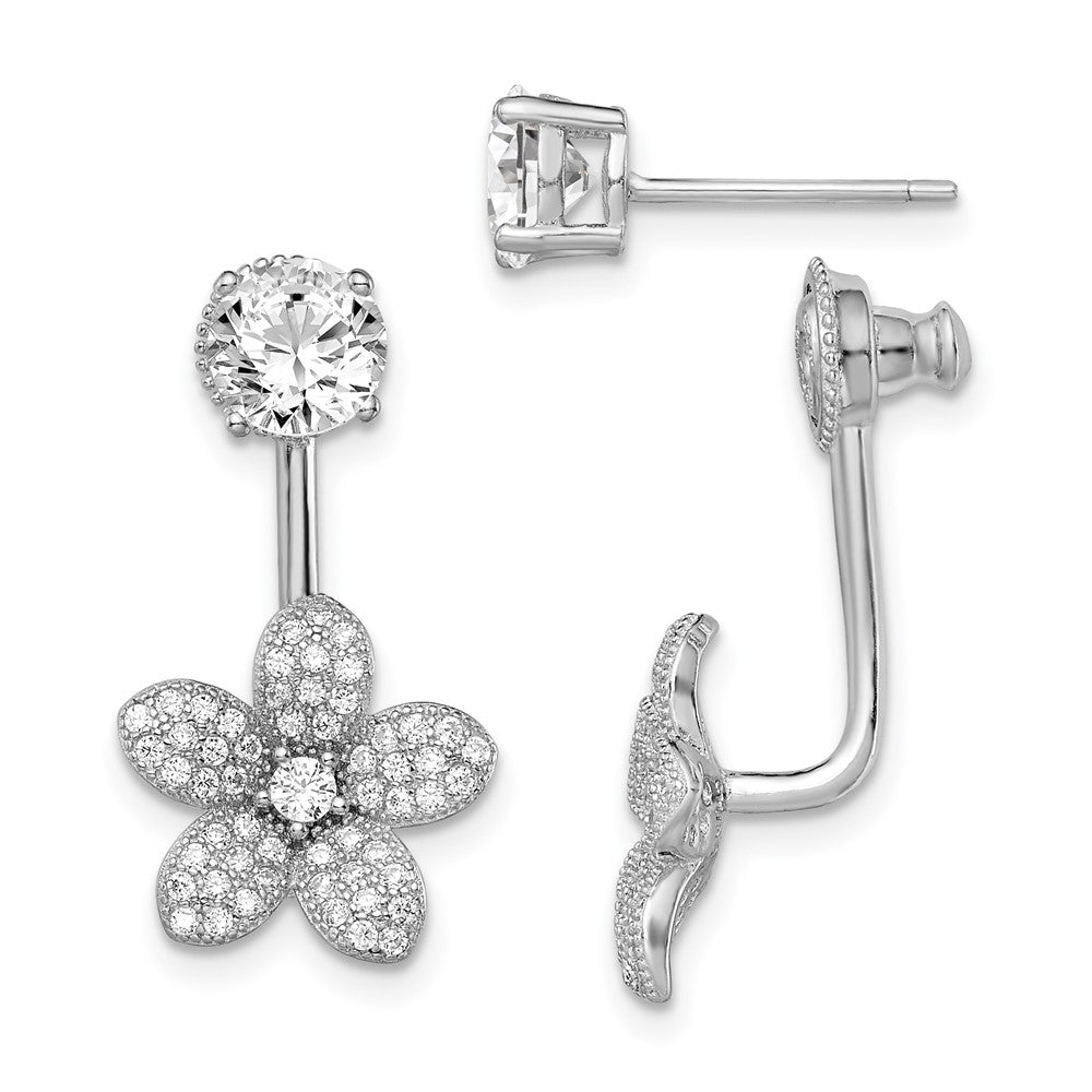Rhodium-plated Sterling Silver CZ Studs with CZ Flower Jacket Earrings
