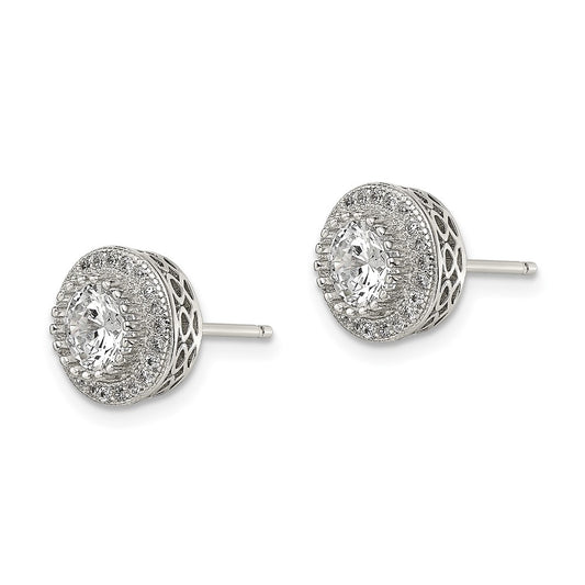 Sterling Silver Round CZ Pave Halo Post Earrings