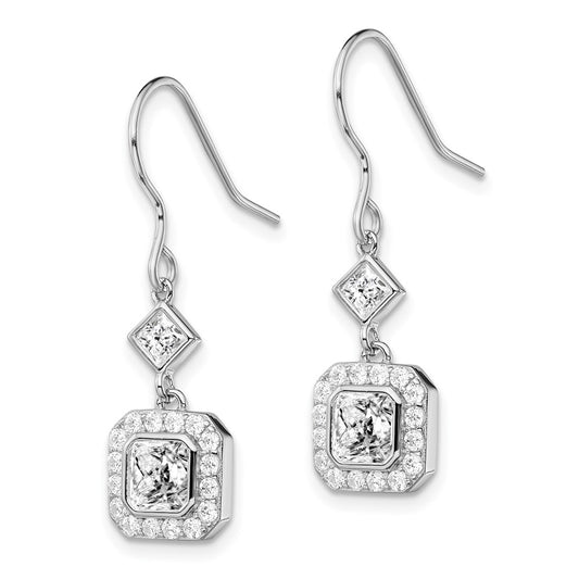 Rhodium-plated Sterling Silver CZ Square Halo Dangle Earrings