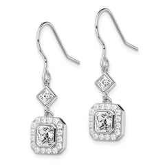 Rhodium-plated Sterling Silver CZ Square Halo Dangle Earrings