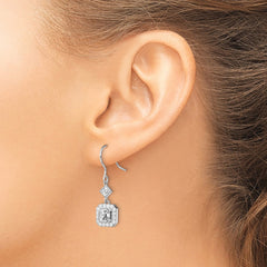 Rhodium-plated Sterling Silver CZ Square Halo Dangle Earrings