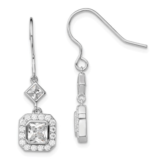 Rhodium-plated Sterling Silver CZ Square Halo Dangle Earrings