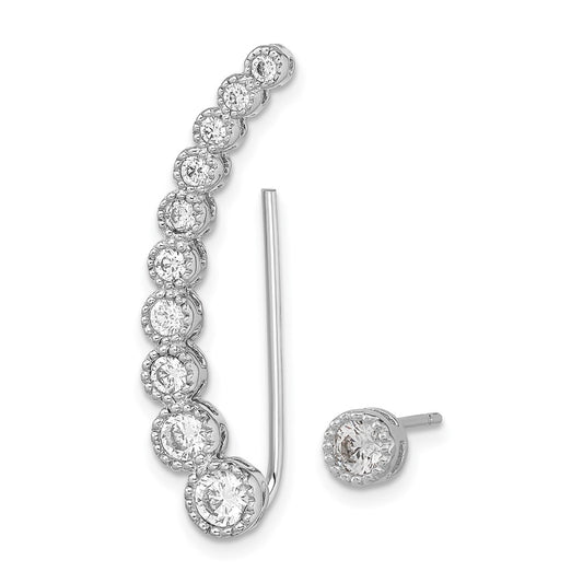Rhodium-plated Sterling Silver CZ 1 Ear Climber and 1 Stud Earrings