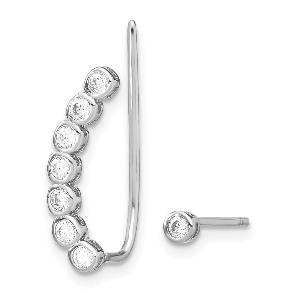 Rhodium-plated Sterling Silver CZ 1 Ear Climber and 1 Stud Earrings