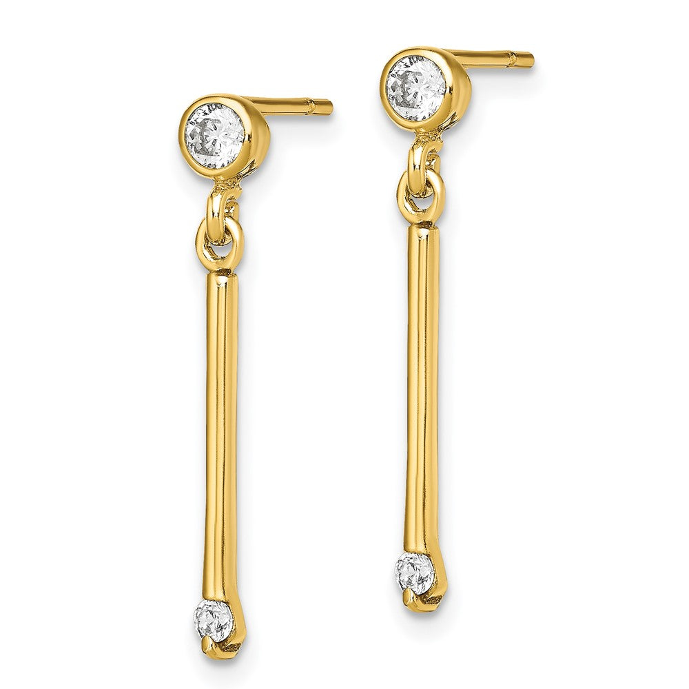 Yellow Gold-plated Sterling Silver Polished Bar with CZ Post Dangle Earrings