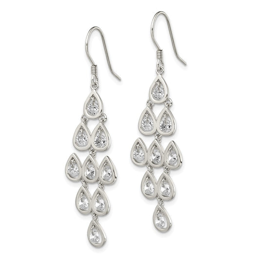 Sterling Silver Fancy Clear CZ Pear Shaped Stone Chandelier Dangle Earrings