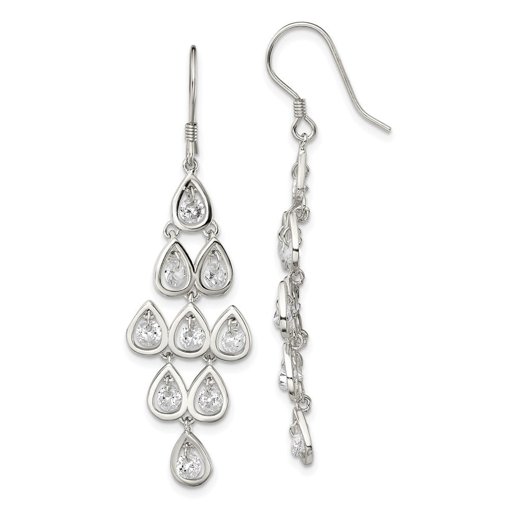 Sterling Silver Fancy Clear CZ Pear Shaped Stone Chandelier Dangle Earrings