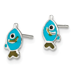 Sterling Silver Polished Enameled Fish Post Earrings
