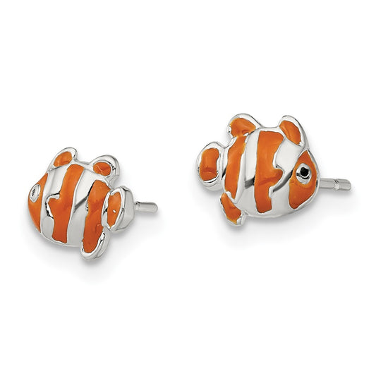 Sterling Silver Polished Enameled Clown Fish Post Earrings